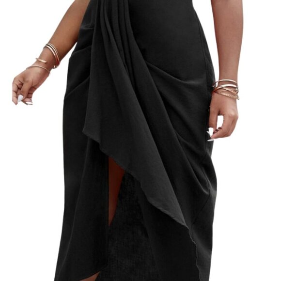SHEIN Curve Black Cotton One Shoulder Fold Pleat Slit Hem Dress Summer 4X - Picture 5 of 12